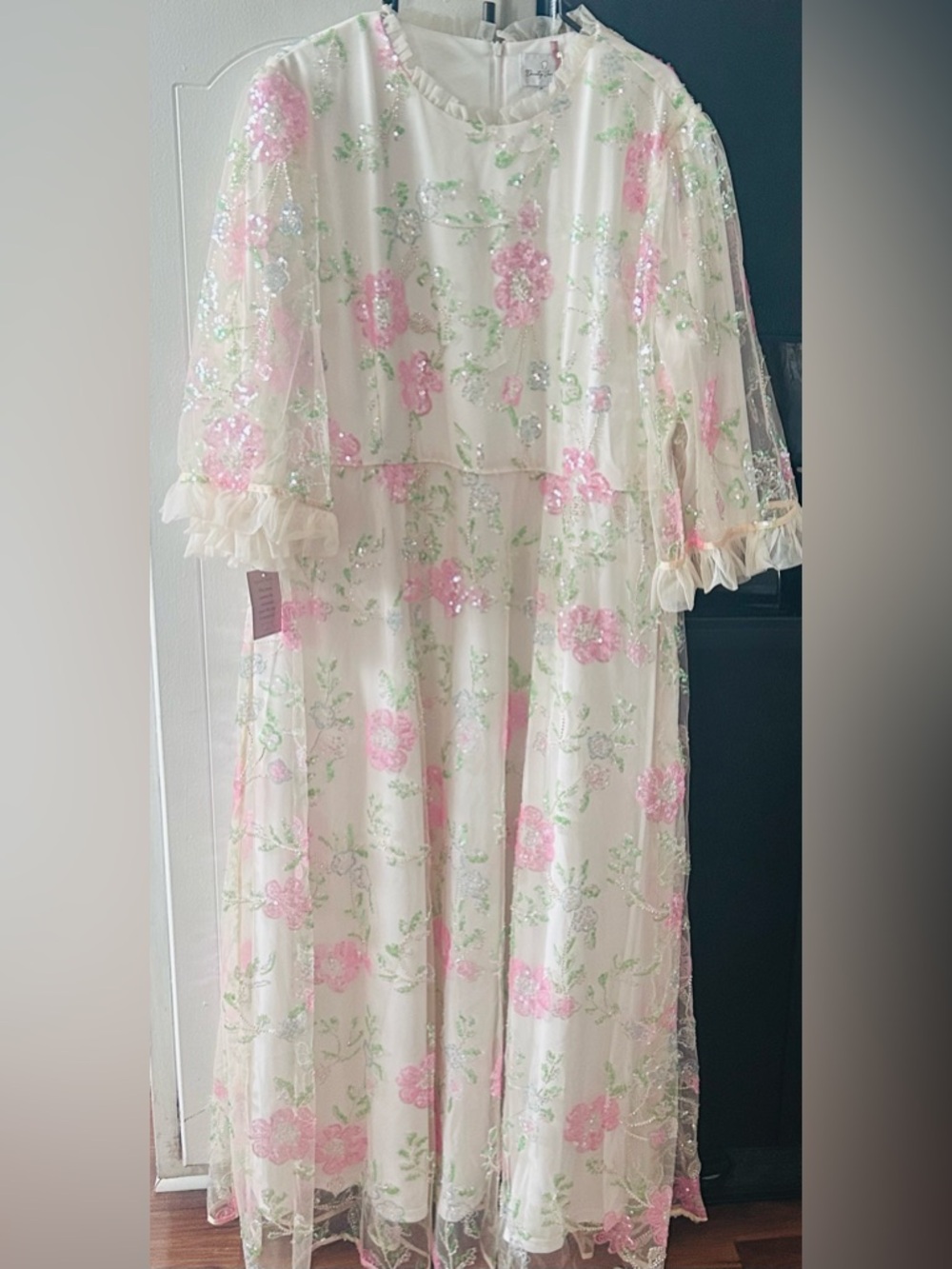 Girls Cream Floral Sequin Tulle Dress - Pink & Green Embroidery